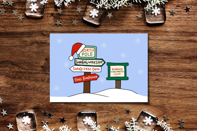 Retro Christmas card pack, Santas village, North pole greeting card, Holiday Card set of 10 image 1