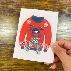 Biglietto di Natale con maglione brutto, biglietto di buon Natale, biglietto di Natale illustrato, biglietti di auguri