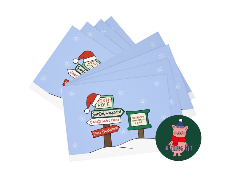 Retro Christmas card pack, Santas village, North pole greeting card, Holiday Card set of 10 image 3