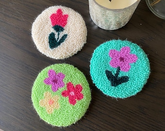 Colorful flowers Punch Needle Coaster, Handmade Tufted Mug Rug, New home gift, Handmade Cute Coaster Set, Drink Coasters