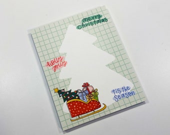 Santa's sleigh a2 notepad, christmas stationery gift, christmas note cards, Christmas tree illustration