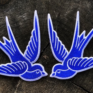 Blue Swallow Iron On Patches (Pair): Embroidered Rockabilly Applique