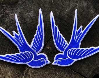 2 Blue & White Swallows Iron On Patches, Traditional Tattoo Style Patch, Embroidered Punk Rock and Rockabilly Bird Applique