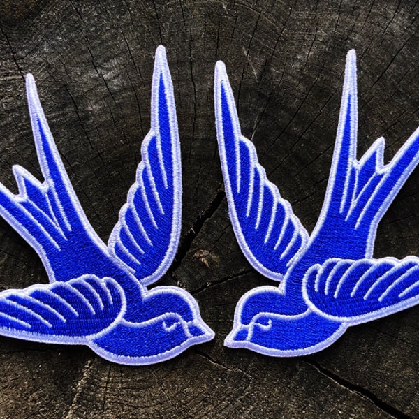 2 Blue & White Swallows Iron On Patches, Traditional Tattoo Style Patch, Embroidered Punk Rock and Rockabilly Bird Applique