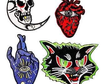 Halloween Iron On Patches  4pc Set: Black Cat, All Seeing Eye, Crescent Moon Skull