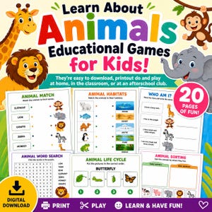 Könnte beinhalten: Ein farbenfrohes Lernspiel für Kinder mit dem Text "Learn About Animals". Das Bild zeigt verschiedene Aktivitäten zum Thema Tiere, darunter Zuordnungsspiele, Wortsuchrätsel und Sortierübungen. Das Spiel ist zum Herunterladen, Ausdrucken und Spielen konzipiert.