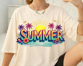 Summer Neon PNG: Sunset Beach Palm Tropical Sublimation Design Trending Digital Download