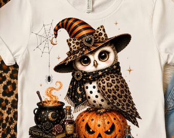 Preppy Halloween Owl PNG; Leopard Print Pumpkin Spooky Witch Hat Sublimation