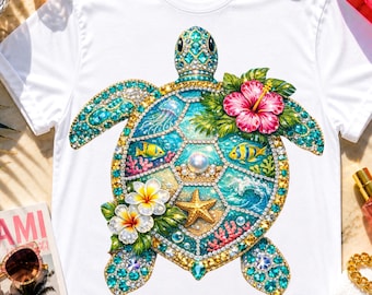 Faux Rhinestone Turtle Sea PNG Tropical Hibiscus Ocean Summer trendy Costal Shirt Design