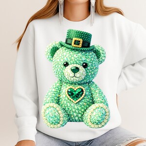 Lucky Teddy Bear PNG Faux Rhinestone Clover Sublimation Design Digital Download