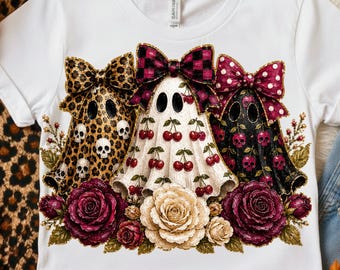 Preppy Ghost Cherry PNG; Coquette Halloween Leopard Skulls Spooky Shirt Design