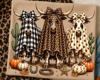 Western Cow Ghost PNG; Halloween Longhorn Leopard Polka Dot Spooky Sublimation