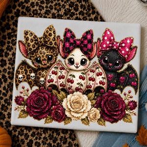 May include: A rectangular canvas print featuring three cartoon bats with large eyes and bows. The left bat has a leopard print, the center bat has a cherry pattern, and the right bat is black with skulls. Below them are deep red and cream roses.