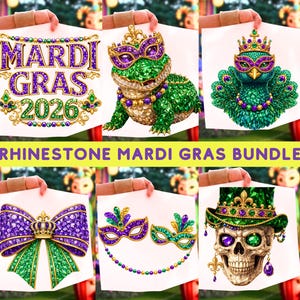 May include: A collection of rhinestone Mardi Gras designs, including a jeweled alligator, peacock, bow, masks, and skull. The designs are in purple, green, and gold, with the text "MARDI GRAS 2026" and "RHINESTONE MARDI GRAS BUNDLE".