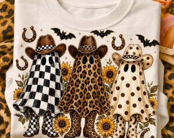 Cowboy Ghost PNG; Halloween Leopard Print Rustic Checkered Cowgirl Boots Design