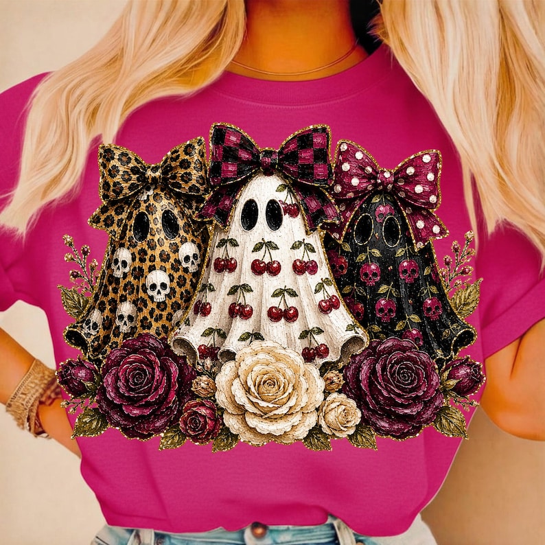 May include: A bright pink t-shirt featuring a graphic of three ghosts wearing large bows. The left ghost has a leopard print with skulls, the center ghost has a cherry pattern, and the right ghost is black with pink skulls, all above roses.