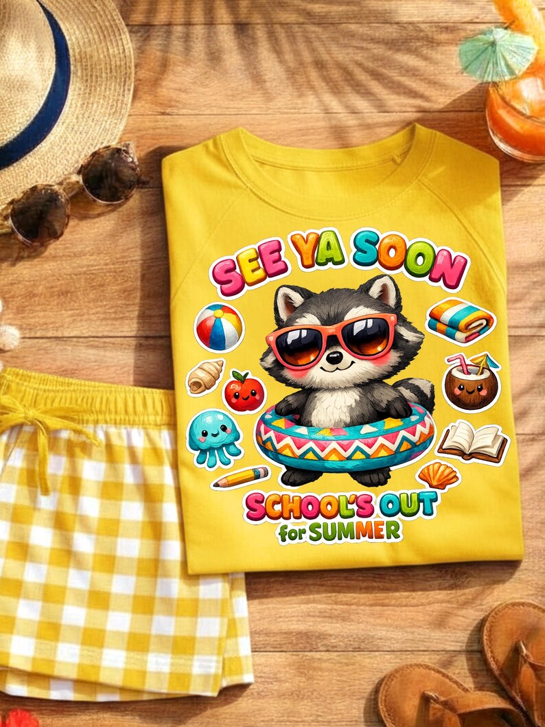 May include: Yellow t-shirt with a raccoon wearing sunglasses and an inner tube, with the text "SEE YA SOON" and "SCHOOL'S OUT for SUMMER". The shirt is paired with yellow and white checkered shorts. Summer-themed apparel.