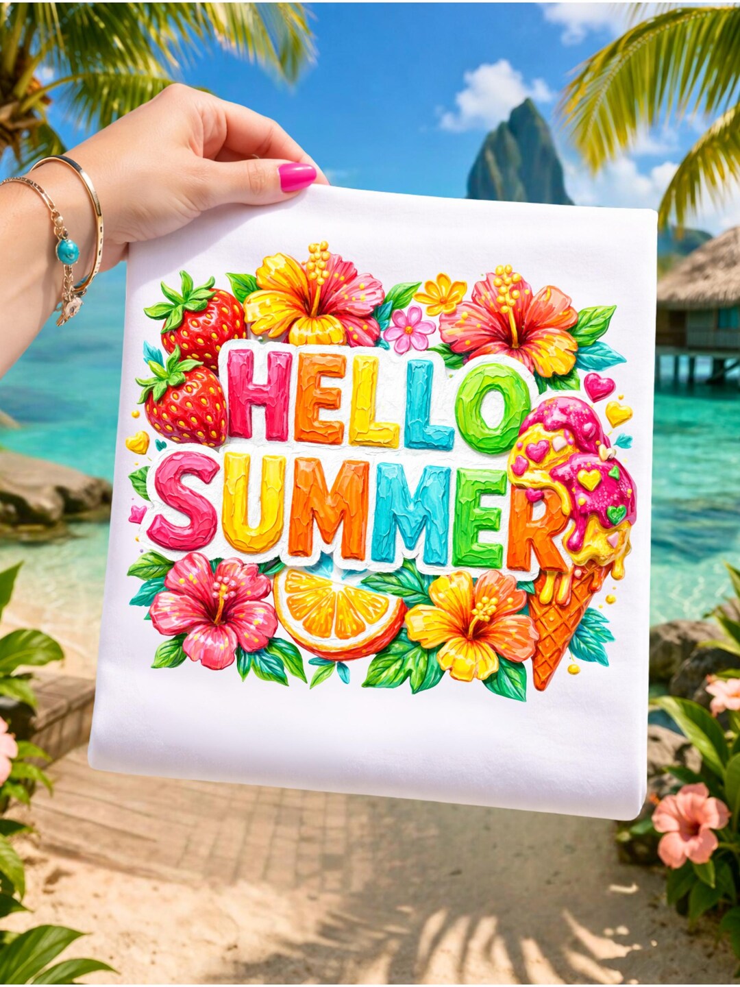 Hello Summer Colorful PNG; Floral Brushstroke Ice Cream Retro Boho ...