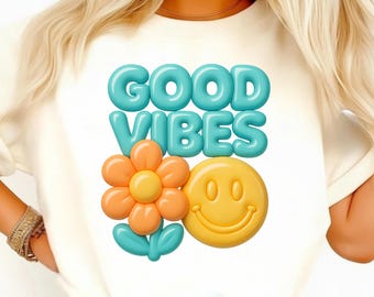 Boas vibrações PNG – Letras de bolhas retrô sublimadas – Design de camisa 3D colorida para download digital