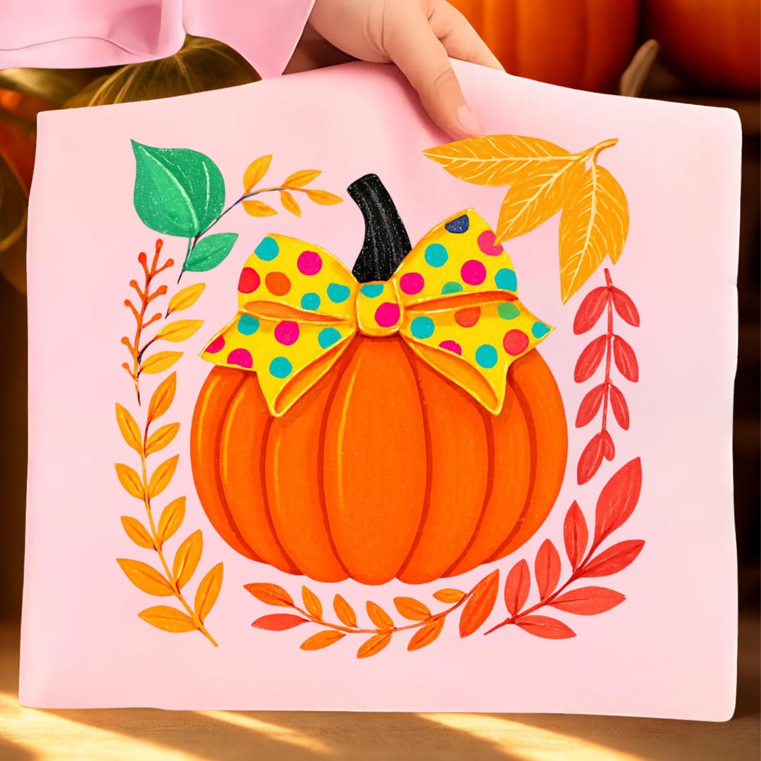 Coquette Pumpkin PNG: Bow Leaves Fall Clipart, Girly Autumn Sublimation ...