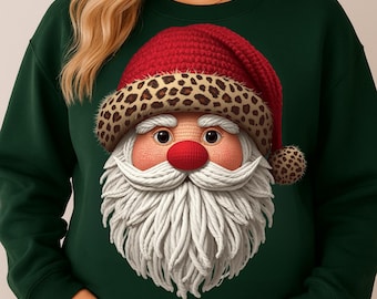 Faux Crochet Santa PNG: Leopard Print Cozy Christmas Sublimation Design