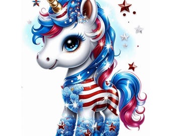May include: A white unicorn with a blue and red mane and tail. The unicorn is wearing a red, white, and blue striped outfit with stars. The unicorn has blue eyes and a gold horn.