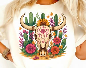 Boho Skull PNG –Country Western Floral Bull Skull Sublimation Design