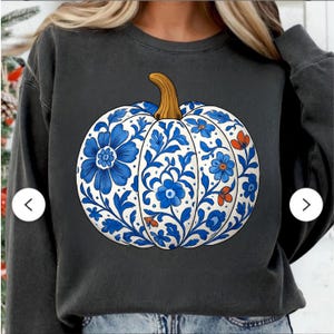 Pode incluir: Camisola cinza escuro com um design de abóbora. A abóbora branca tem padrões florais azuis e detalhes em laranja, com um caule castanho. Uma peça de vestuário casual com tema de outono.