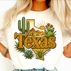 Texas PNG - Retro-Texas Karte mit Kaktus und Berg Sublimationsdesign, westliche Wüstenkunst für T-Shirts zur digitalen Verwendung