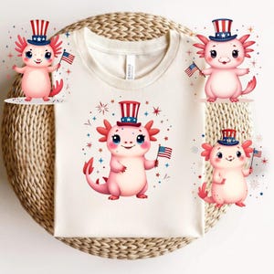 Axolotl PNG del 4 luglio - Clipart di cartoni animati patriottici carini per bambini - Pacchetto di sublimazione per il giorno dell'indipendenza