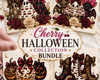 Preppy Ghost Cherry PNG Bundle; Coquette Halloween Leopard Skulls Spooky Bat Design