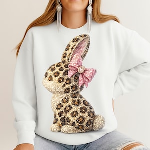 ヒョウ柄イースターバニーPNG、フェイクラインストーンピンクのリボン春デザイン