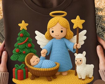 Faux Yarn Nativity Scene PNG: Crochet Angel Faith Christmas Sublimation Design
