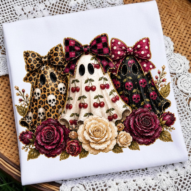May include: A white t-shirt featuring a graphic of three ghosts wearing large bows. The left ghost has a leopard print with skulls, the center is white with red cherries, and the right is black with pink skulls. Deep red and cream roses sit below.