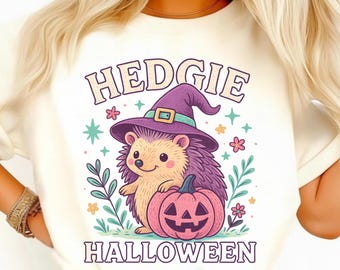 Hérisson Halloween PNG - Hérisson en chapeau de sorcière avec sublimation de citrouilles et de fleurs