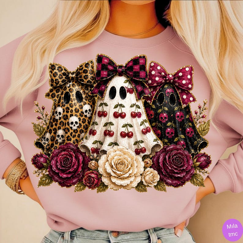 Preppy Ghost Cherry PNG; Coquette Halloween Leopard Skulls Spooky Shirt Design image 7