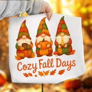 May include: A white rectangular decorative sign featuring three gnomes with orange, green, and brown outfits and hats. The gnomes are holding a mug, a pumpkin, and a candle. The text "Cozy Fall Days" is written in orange.