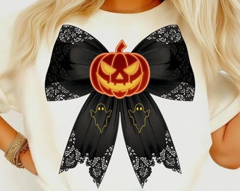 Neon Ghost Pumpkin PNG: Coquette Bow Halloween-clipart (digitale download)
