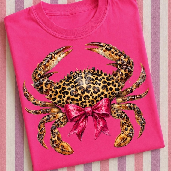 Crab PNG; Summer Coquette Bow Leopard Print Sea Coastal Girl Trendy Beach Design