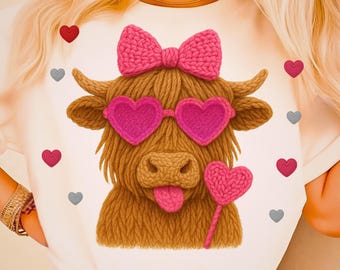 Faux Yarn Valentines Day Highland Cow PNG: Pink Coquette Bow Heart Love Sublimation Design