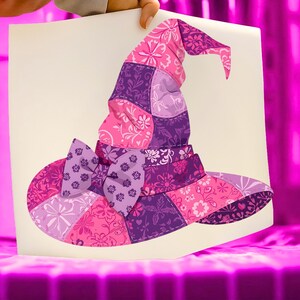 Pink Patchwork Witch Hat PNG: Retro Gingham Girly Halloween Clipart, Preppy Fall Sublimation