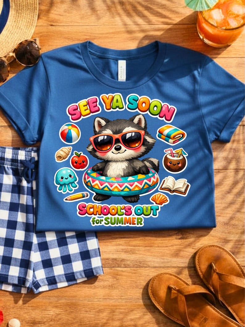 May include: Blue t-shirt with a raccoon graphic wearing sunglasses and a swim ring. The shirt has the text "SEE YA SOON" and "SCHOOL'S OUT for SUMMER". Beside the shirt are blue and white checkered shorts, sandals, and a straw hat.