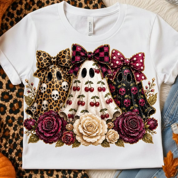 Preppy Ghost Cherry PNG; Coquette Halloween Leopard Skulls Spooky Shirt Design