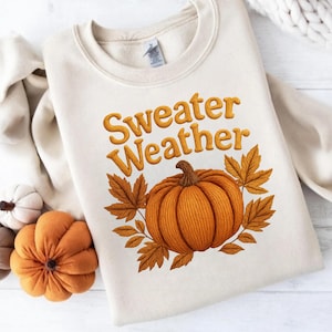 Sweater Weather PNG: Pumpkin Embroidery Effect Autumn Design (Digital Download