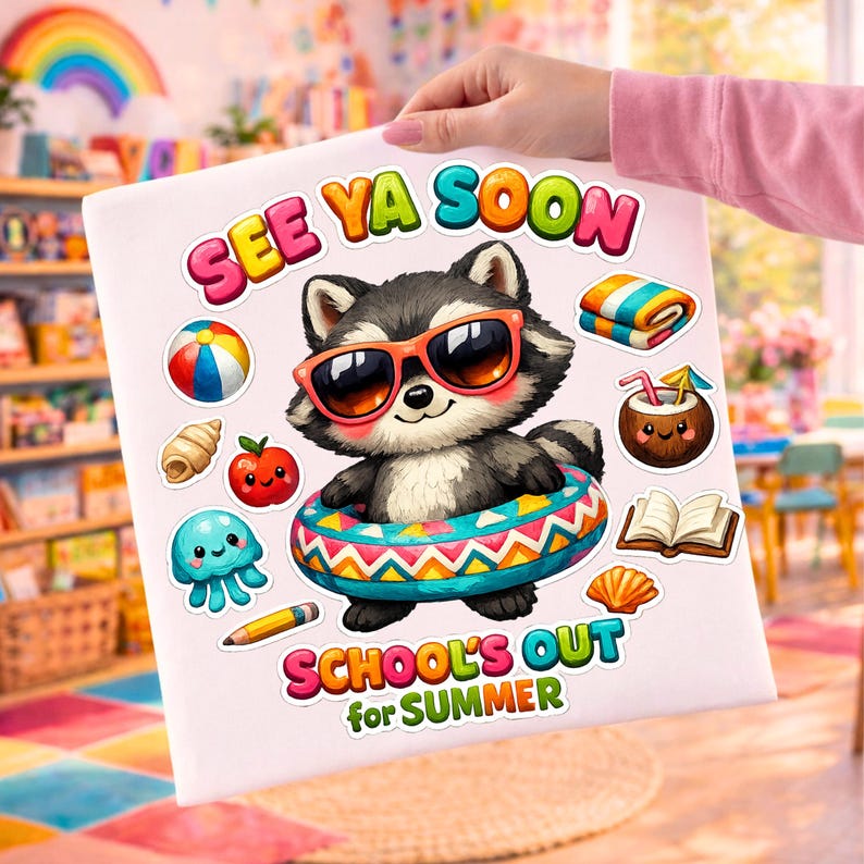 May include: A white square print featuring a cartoon raccoon wearing sunglasses and an inner tube. The text "SEE YA SOON" and "SCHOOL'S OUT for SUMMER" are displayed. Various summer-themed stickers surround the raccoon.