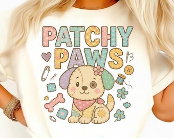 Patchy Paws PNG – Pastel Patchwork Puppy Sublimation Design