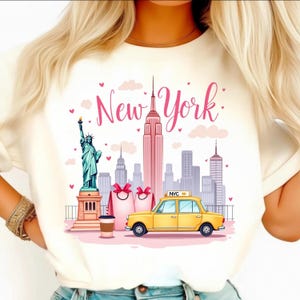 New York PNG Design, Pastel NYC Illustration, Coquette Watercolor Art, Statue of Liberty, Empire State, Yellow Taxi Sublimation