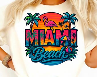 Retro Miami Beach Flamingo PNG: Summer Florida Dtf  Design (Digital Download)