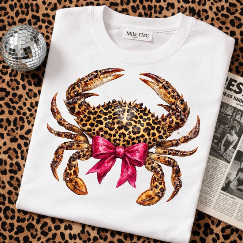 May include: White t-shirt featuring a crab design with a leopard print pattern on its shell and legs. The crab has a bright pink bow and is set against a leopard print background. The shirt has a tag that says "Mila TMC".