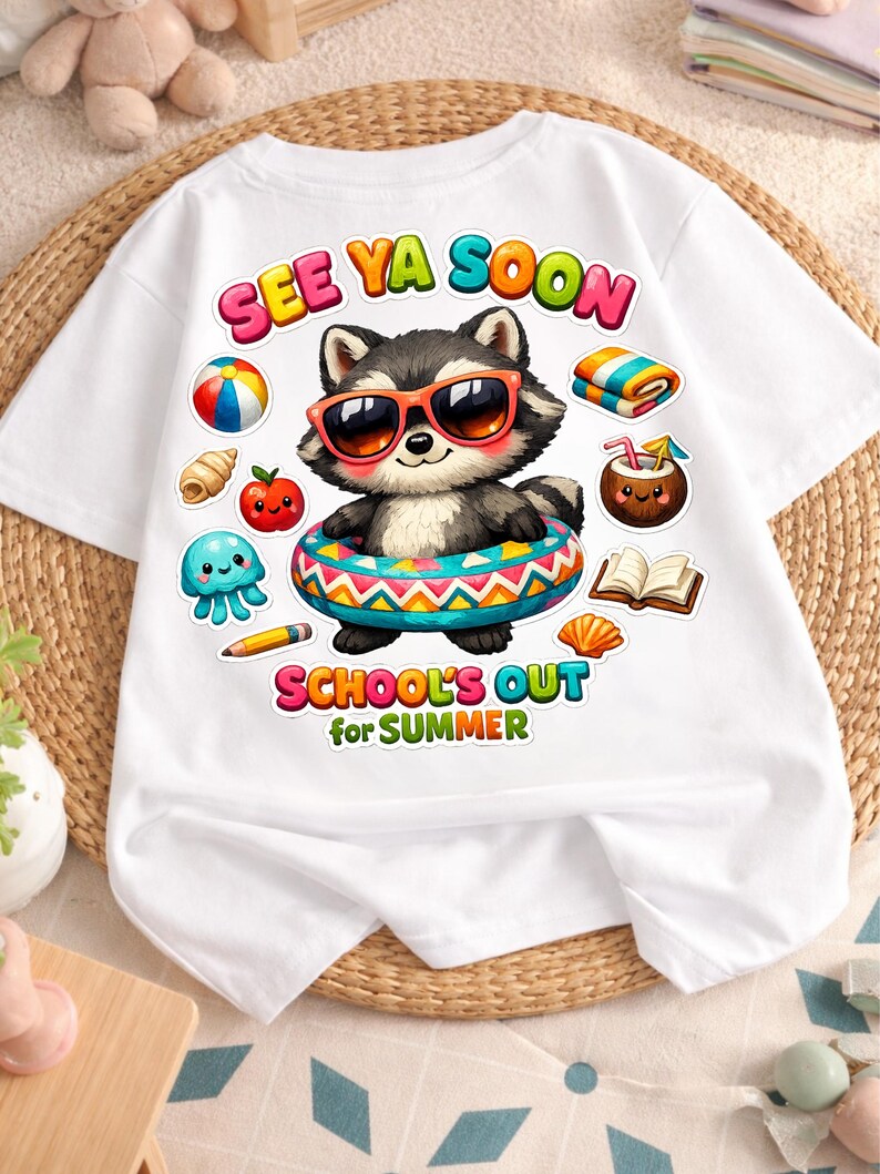 May include: White t-shirt featuring a cartoon raccoon wearing sunglasses and an inner tube. The shirt has the text "SEE YA SOON" and "SCHOOL'S OUT for SUMMER" in colorful bubble letters. Beach-themed graphics surround the raccoon.